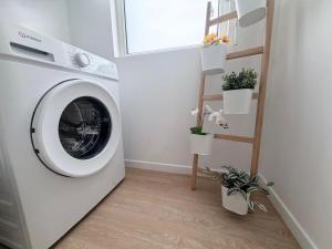 eine Waschmaschine in einer Waschküche mit Topfpflanzen in der Unterkunft Le chateau d'Altheis in Dole + 2 Fotos