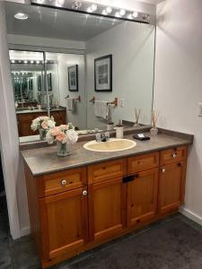 a bathroom with a sink and a large mirror at New Management - Collingwood Getaway in Collingwood