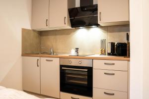 une cuisine avec des armoires blanches et un four à plaques de cuisson dans l'établissement Luxury Homburg, à Hombourg 1 autre photo