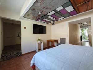 a bedroom with a large bed and a flat screen tv at Hostalgia Casa Zul in Puebla