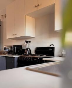 una cucina con elettrodomestici neri e armadietti bianchi di New Cozy Entire home 2 Bedroom- AC, Wifi, 24 hour Security in Private Gated Community a Old Harbour