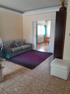 a living room with a couch and a purple rug at Alquiler temporal Casa céntrica in La Falda
