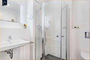 a bathroom with a shower and a sink at Ostseenest Bernstein in Kölpinsee