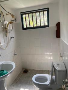 a bathroom with a toilet and a sink and a window at Mango Tree Villa in Unawatuna