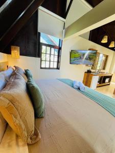 a large bedroom with a large bed with a television at Studio Na Natureza Com Hidro - Baoba Suites in Bombinhas