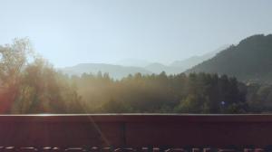 uma vista para uma floresta com montanhas ao fundo em Ferienhaus Benetik am Sonneggersee em Sittersdorf