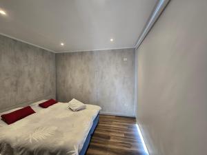 una camera da letto con un letto con due cuscini rossi sopra di Altos Dique Potrerillos a Potrerillos