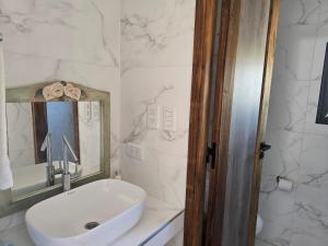 un bagno bianco con lavandino e specchio di Altos Dique Potrerillos a Potrerillos