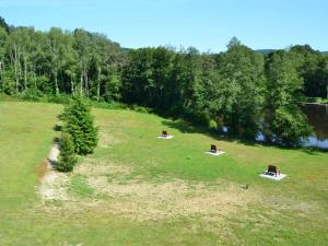 twee koeien zitten in een veld naast een meer bij ibis Egletons in Égletons