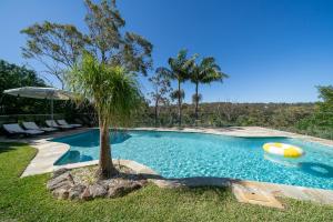a swimming pool with a tree and a raft in it at Garigal Retreat with Pool access and EV Station in Forestville