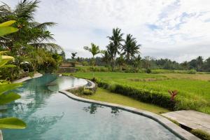 una piscina in un resort con palme di Beehouse Dijiwa Ubud ad Ubud