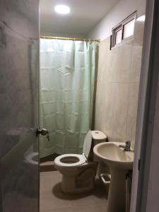 een badkamer met een toilet, een wastafel en een douche bij kalani cabin in Ríohacha