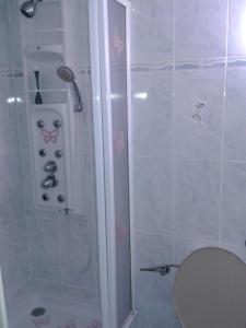 bagno con doccia e servizi igienici di Penzion Havaj a Karlovy Vary