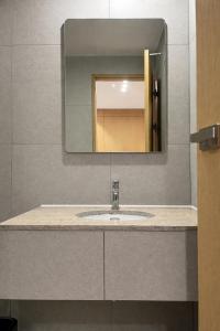 een badkamer met een wastafel en een spiegel bij Busan Seomyeon Nestly Hotel in Busan