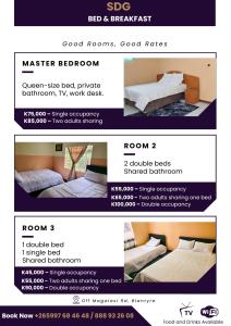 a flyer for a bed and breakfast with two different beds at SDG Lodge in Blantyre