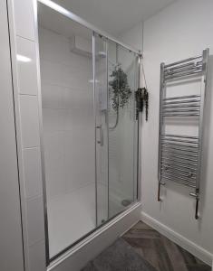 een glazen douchecabine in een witte badkamer bij Loxley View Guest House in Hillsborough