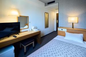 une chambre d'hôtel avec un lit et un bureau avec une télévision dans l'établissement Hotel Lexton Kagoshima Annex, à Kagoshima