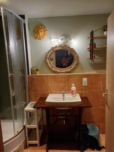 a bathroom with a sink and a mirror at Das Moritz- Self Check In in Plauen