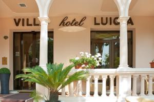 un hôtel avec un palmier en face d'un bâtiment dans l'établissement Hotel Villa Luigia, à Rimini