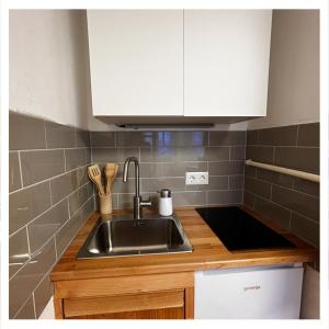 a kitchen with a stainless steel sink and white cabinets at Studio Homebase in Spittal an der Drau +2 photos