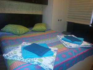 two beds with pillows on them in a room at View of the Tower of Alphabet in Batumi