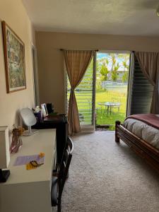 um quarto com uma cama, uma escrivaninha e uma janela em Master Suite with Private Bath 15 min drive to beach em Hilo