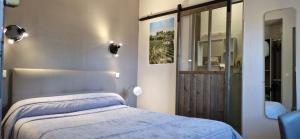 ein Schlafzimmer mit einem großen Bett und einem Spiegel in der Unterkunft Le Faubourg in Figeac