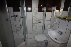 a bathroom with a shower and a toilet and a sink at Uśmiech Morza in Międzyzdroje +52 photos