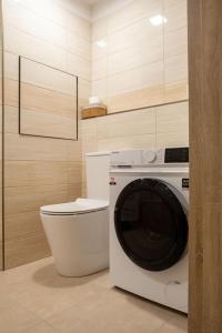 a bathroom with a washing machine and a toilet at Apartments Kolín II & Penzion Navara in Kolín