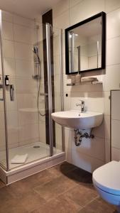 een badkamer met een wastafel en een douche bij GlückAufBud Schwarzenberg in Schwarzenberg/Erzgebirge +7 foto's