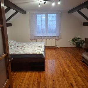 een slaapkamer met een bed, een raam en houten vloeren bij Agroturystyka u Janosika in Bozkow