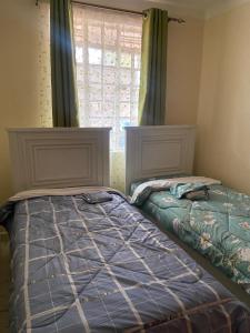 a bedroom with two beds in front of a window at Pazurihome in Embu