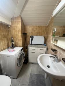 a bathroom with a washing machine and a sink at Casa Pesa - Olivone in Olivone