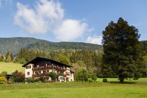 ein großes Haus auf einem Feld mit einem Baum in der Unterkunft Apartment Wegscheider in Kötschach