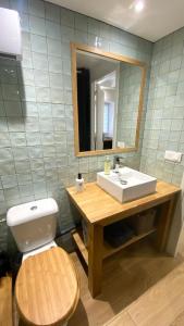 een badkamer met een wastafel, een toilet en een spiegel bij Maisonnette duplex in Bouguenais +13 foto's