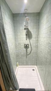 een badkamer met een douche en een bad bij Maisonnette duplex in Bouguenais