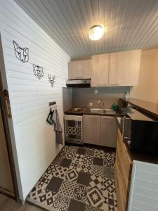 a small kitchen with a sink and a counter at Studio Buron des Gardes in Le Lioran +19 photos