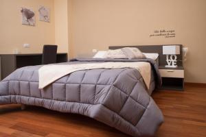 een slaapkamer met een groot bed en een paarse deken bij Maison 3g in Ariccia