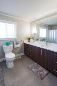 a bathroom with a toilet and a sink and a mirror at Beach Drive Suites in Seaside