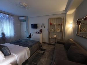 a bedroom with a bed and a couch at Studio Santa Monica in Tríkala