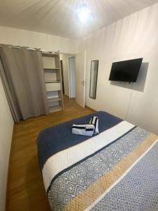 een slaapkamer met een bed en een tv aan de muur bij Le Florimorizon in Le Havre