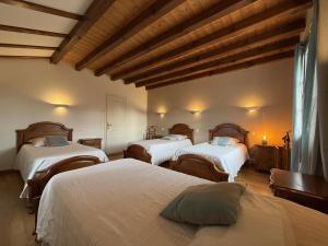 een slaapkamer met 3 bedden in een kamer bij Errotalde-berria in Sare