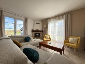 un salon avec un canapé et une table dans l'établissement Errotalde-berria bi, à Sare