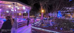 a group of people walking down a street with christmas lights at Apartma REA Izola, pergola & terassa, parking in Izola