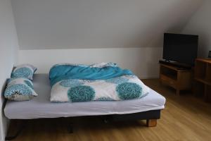 een bed met blauwe en witte kussens en een televisie bij Ferienwohnung Documenta Urbana in Kassel