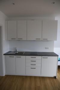 een witte keuken met een wastafel en witte kasten bij Ferienwohnung Documenta Urbana in Kassel