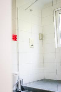 una doccia con una porta in vetro in un bagno di Oveney Apartments a Bochum