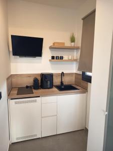 een keuken met een spoelbak en een tv aan de muur bij OLEA THASSOS Luxury Apartments in Skala Marion +18 foto's