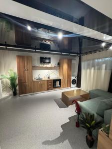 een woonkamer met een bank en een keuken bij LVO Apartments in Bîrlad