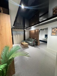 een woonkamer met een bank en een palmplant bij LVO Apartments in Bîrlad